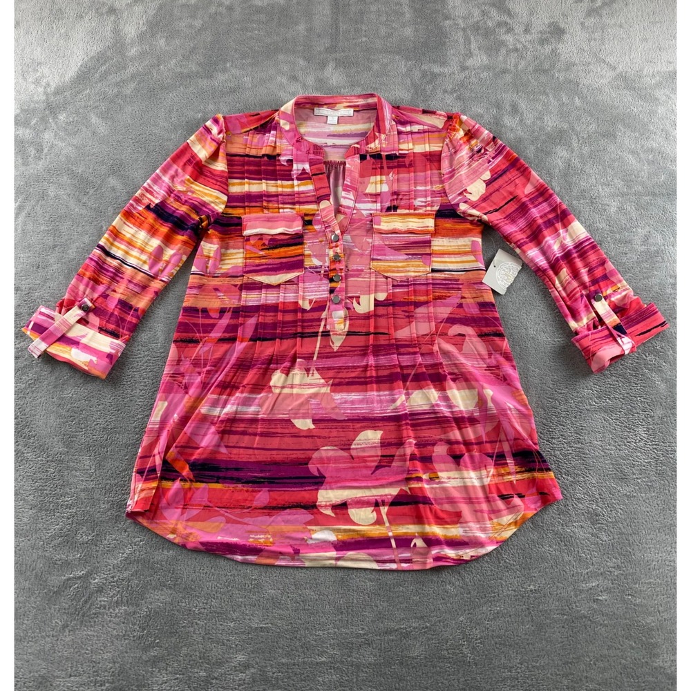 Juniper + Lime Pink Orange Abstract Floral Tunic Top Roll Tab Sleeve Small NWT